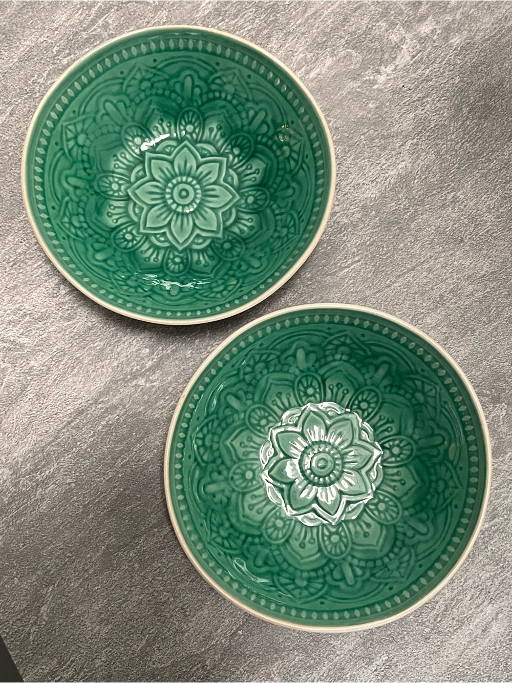 Emerald Green Ceramic Serving Bowls - Decorative Mandala Set
